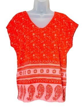 C&C California Reddish Orange Boho Floral & Paisley Print Knit Soft Top Size L